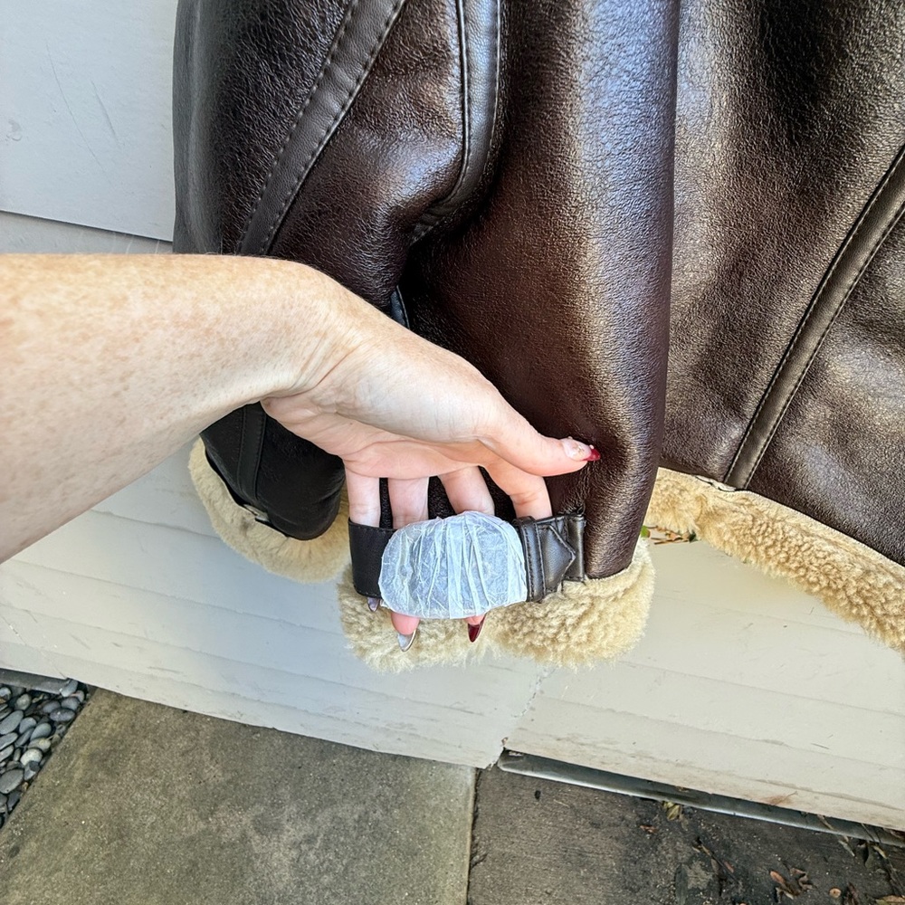 Brown Faux Leather Drop Shoulder Jacket with Cream Shearling - Picture 5 of 6